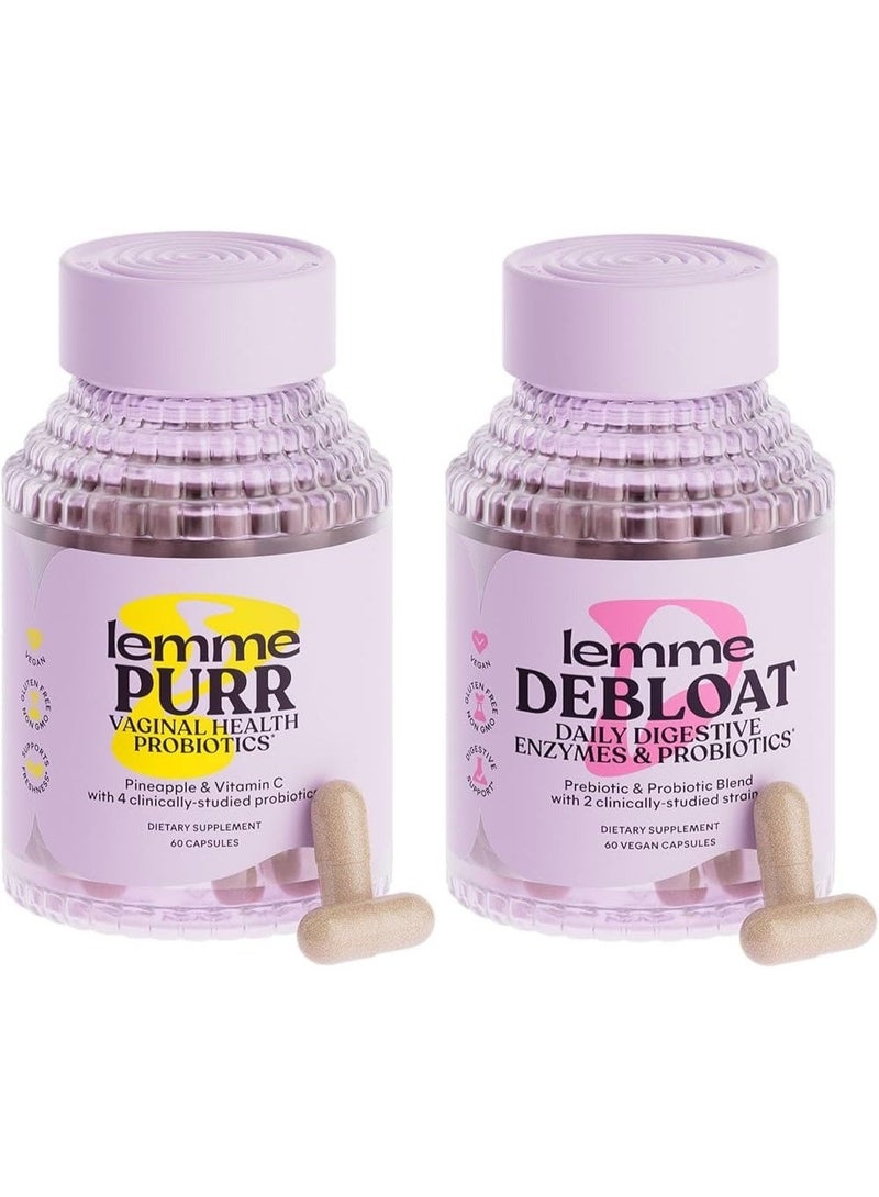 ليمي  مجموعة كبسولات Purr & Debloat - مكمل غذائي لصحة المهبل للنساء، كبسولات Debloat لتخفيف الانتفاخ والغازات، بروبيوتيك وبريبيوتيك - خالية من الغلوتين، غير معدلة وراثيًا - 60 كبسولة لكل مجموعة. - Image 1